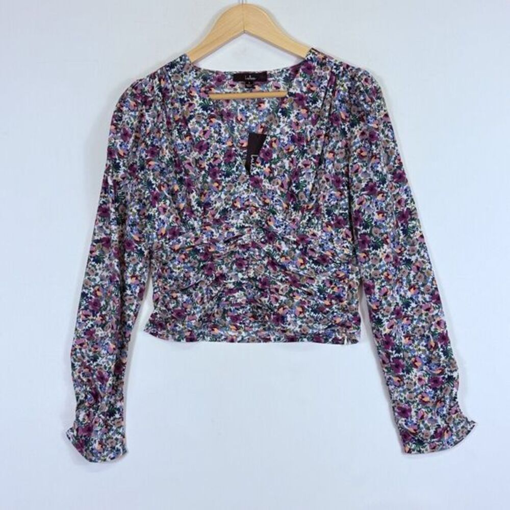 NEW Lulus Floral Crop Top‎ Womens Small Purple Ruched Long Sleeve Cottagecore